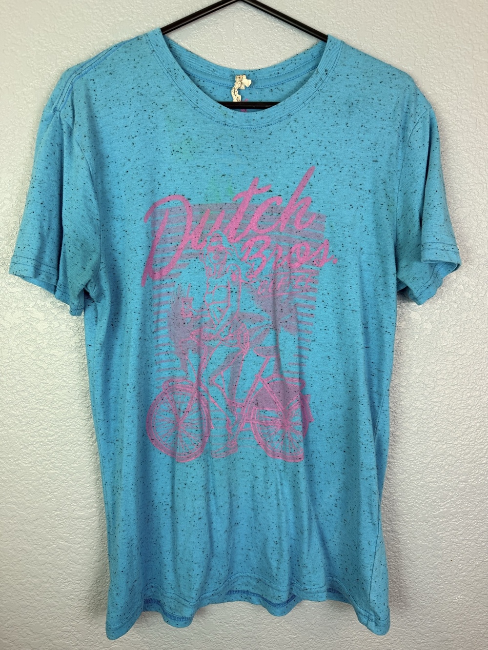 Dutch Bros Coffee Shirt womens Med Blue Cycling Bicyclist Graphic Speckled Tee